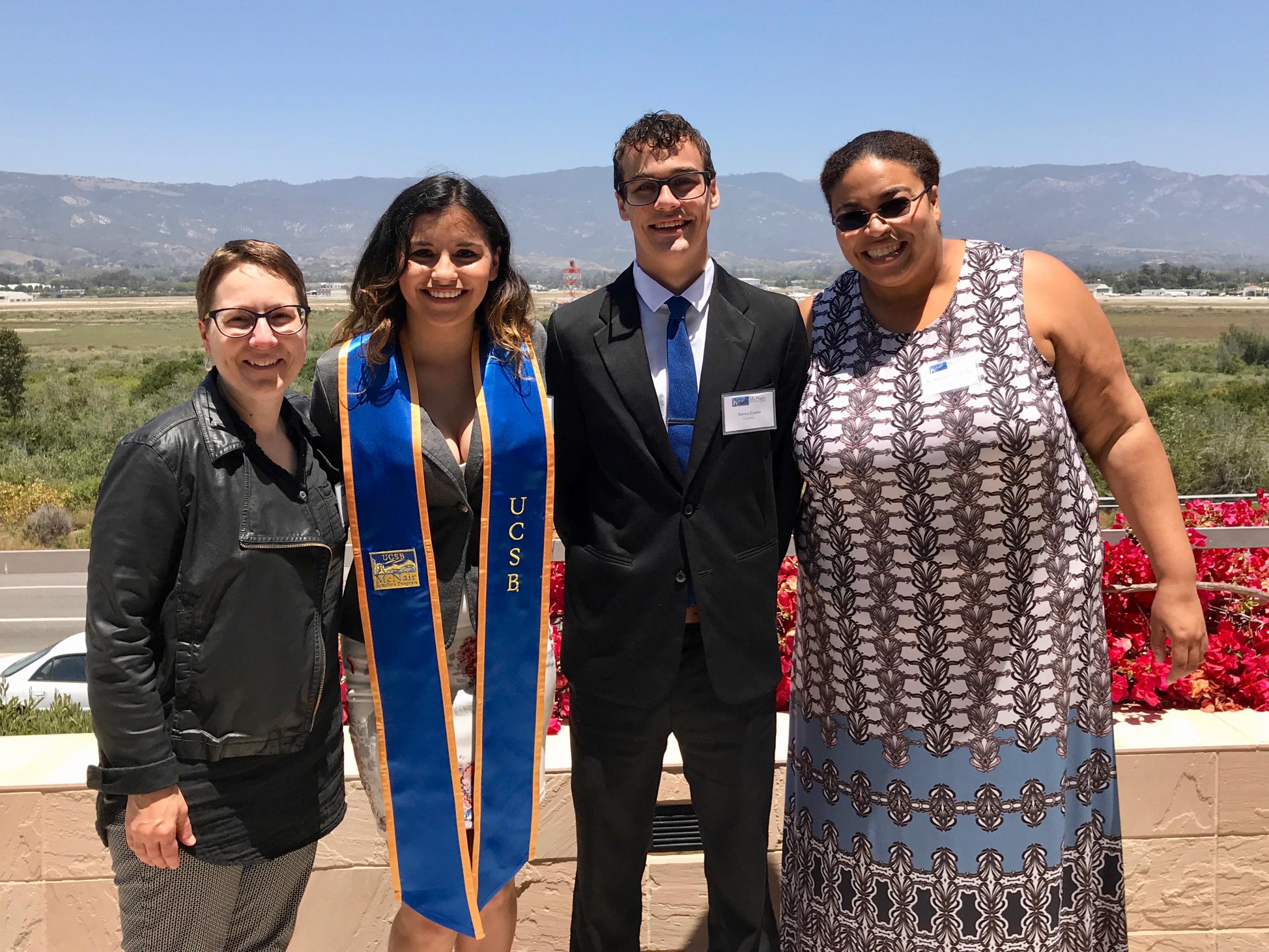 McNair Scholars Victoria Melgarejo (Language, Culture, & Society and Spanish) and Steven Castro (Linguistics), with Linguistics faculty members Mary Bucholtz and Anne Charity Hudley