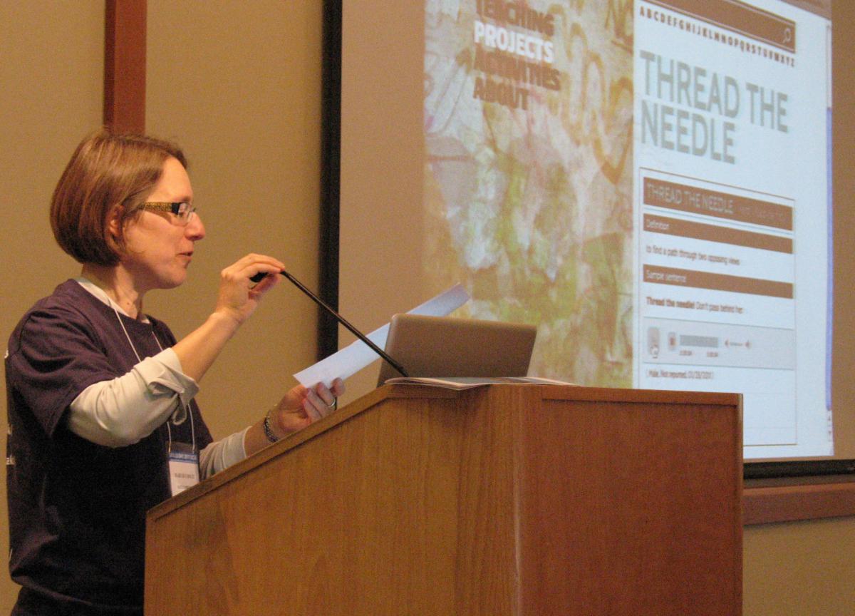 Professor Mary Bucholtz giving a presentation.